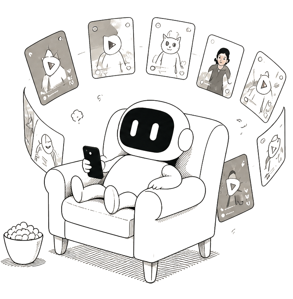 A line illustration of the Reeely AI watching short-form videos from an armchair